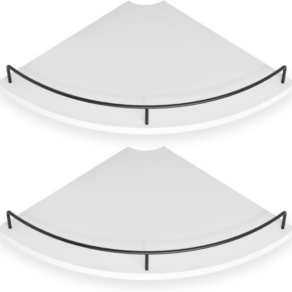 Rustic White Corner Floating Shelves Set of 2, Wall Mounted Wood Storage Shelves with Guardrail for Bathroom & Living Room