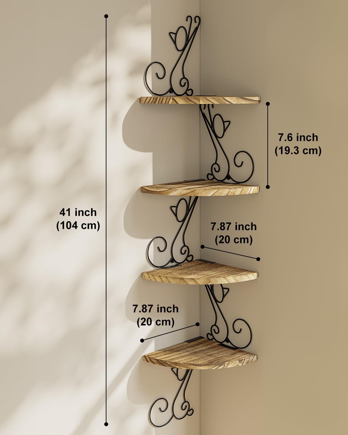 4-Tier Cat-Shaped Corner Wall Shelf, Carbonized Wood Display Shelf with Metal Brackets for Bedroom, Kitchen & Living Room - Image 2