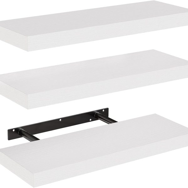 White Floating Wall Shelf Set of 3 with Concealed Brackets, Decorative Storage Shelves for Bathroom, Bedroom, Kitchen & Living Room