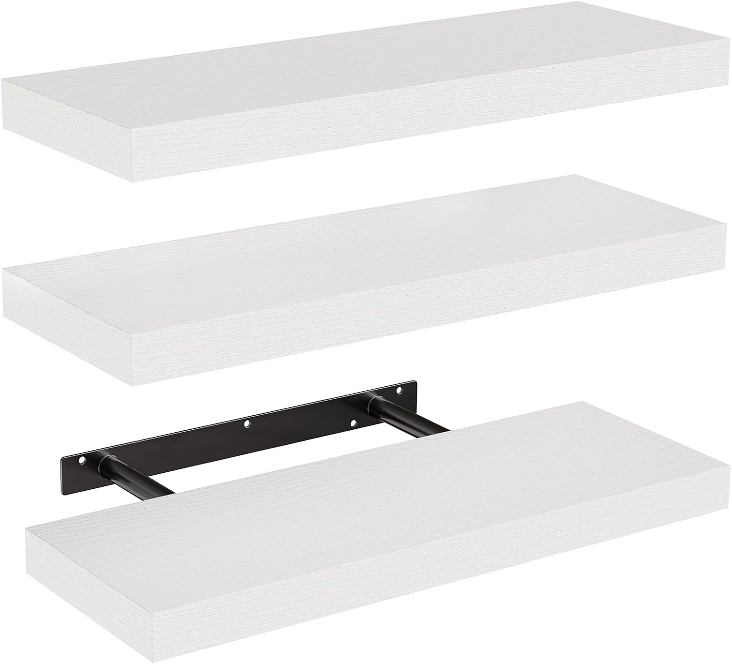 White Floating Wall Shelf Set of 3 with Concealed Brackets, Decorative Storage Shelves for Bathroom, Bedroom, Kitchen & Living Room