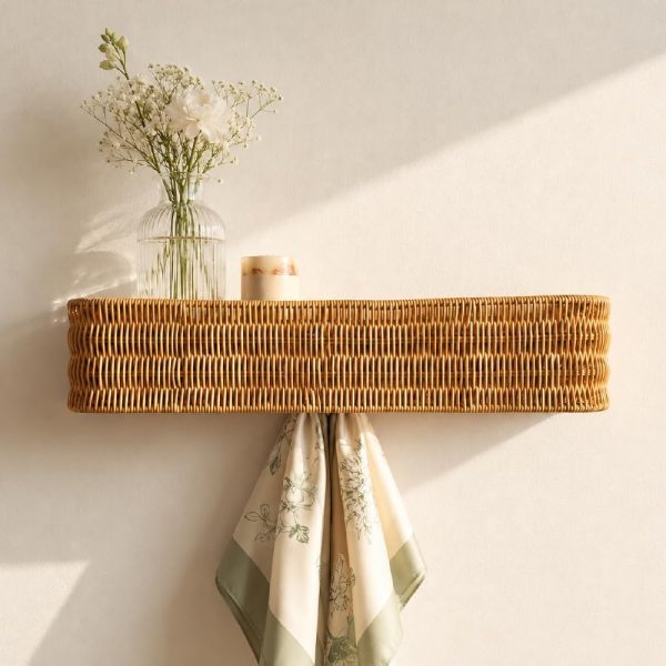 Handwoven Rattan Wall Coat Rack with Shelf, Natural Entryway Organizer Featuring 5 Hidden Hooks for Coats, Bags & Towels