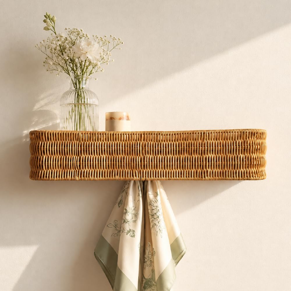 Handwoven Rattan Wall Coat Rack with Shelf, Natural Entryway Organizer Featuring 5 Hidden Hooks for Coats, Bags & Towels
