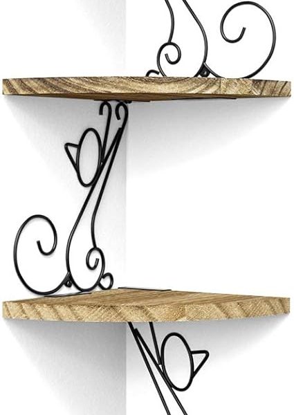 4-Tier Cat-Shaped Corner Wall Shelf, Carbonized Wood Display Shelf with Metal Brackets for Bedroom, Kitchen & Living Room