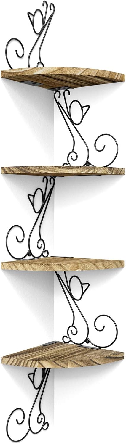 4-Tier Cat-Shaped Corner Wall Shelf, Carbonized Wood Display Shelf with Metal Brackets for Bedroom, Kitchen & Living Room