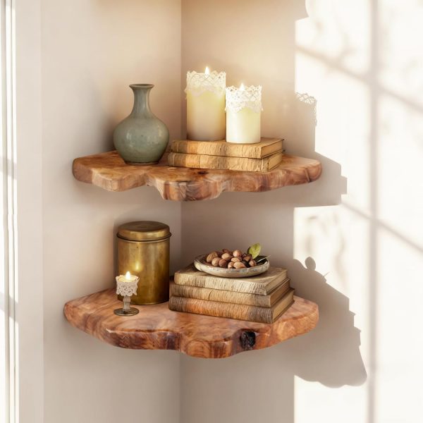 Set of 2 Rustic Corner Floating Shelves, Wall Mounted Space-Saving Storage Shelves for Bedroom, Bathroom & Living Room