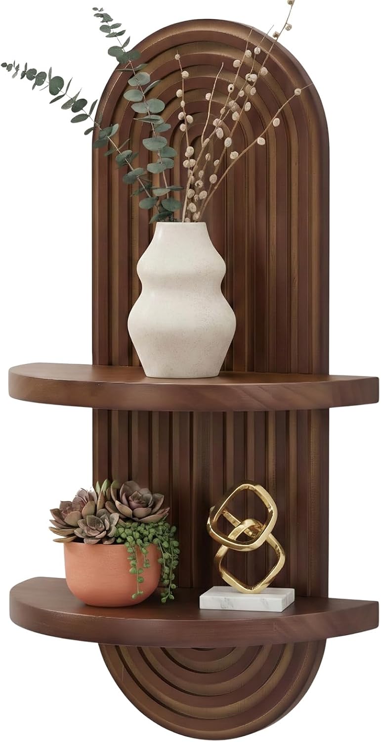 Mid-Century Arched Floating Wall Shelf, Walnut Decorative Display Shelf for Plants, Bedroom, Living Room & Farmhouse Décor