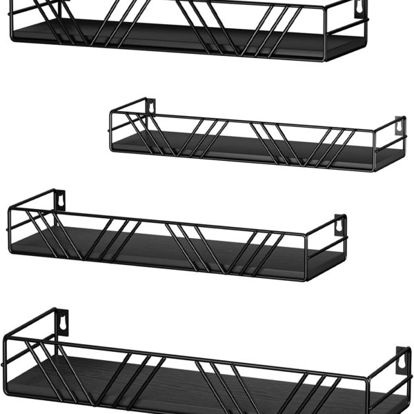 Wood Floating Wall Shelves Set of 4 in Assorted Sizes, Decorative Storage Shelves for Living Room, Bedroom, Bathroom, Kitchen & Office