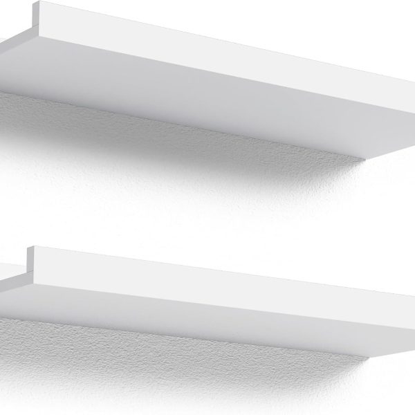 16-Inch White Floating Display Shelf Set of 2 with Front Lip, Modern Wall Ledge Shelves for Nursery, Bathroom, Bedroom & Kitchen