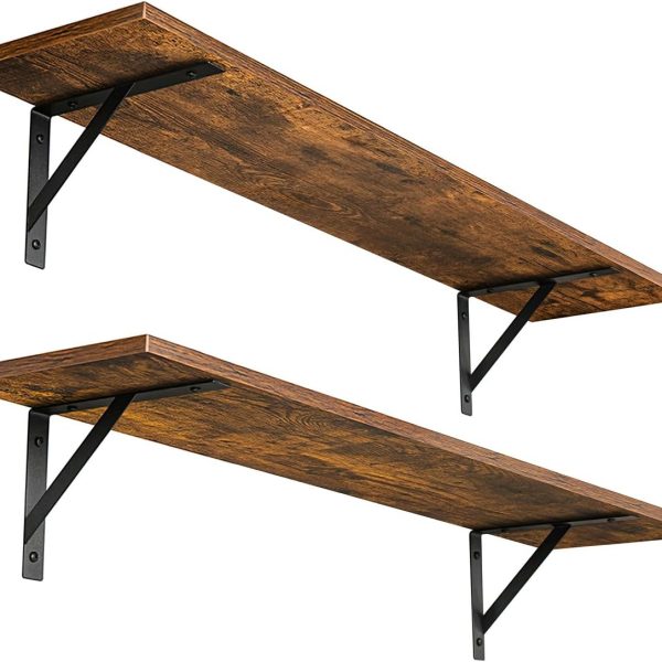 31.5-Inch Long Floating Wall Shelves Set of 2 with Metal Supports, Rustic Wooden Storage Shelves for Bathroom & Bedroom