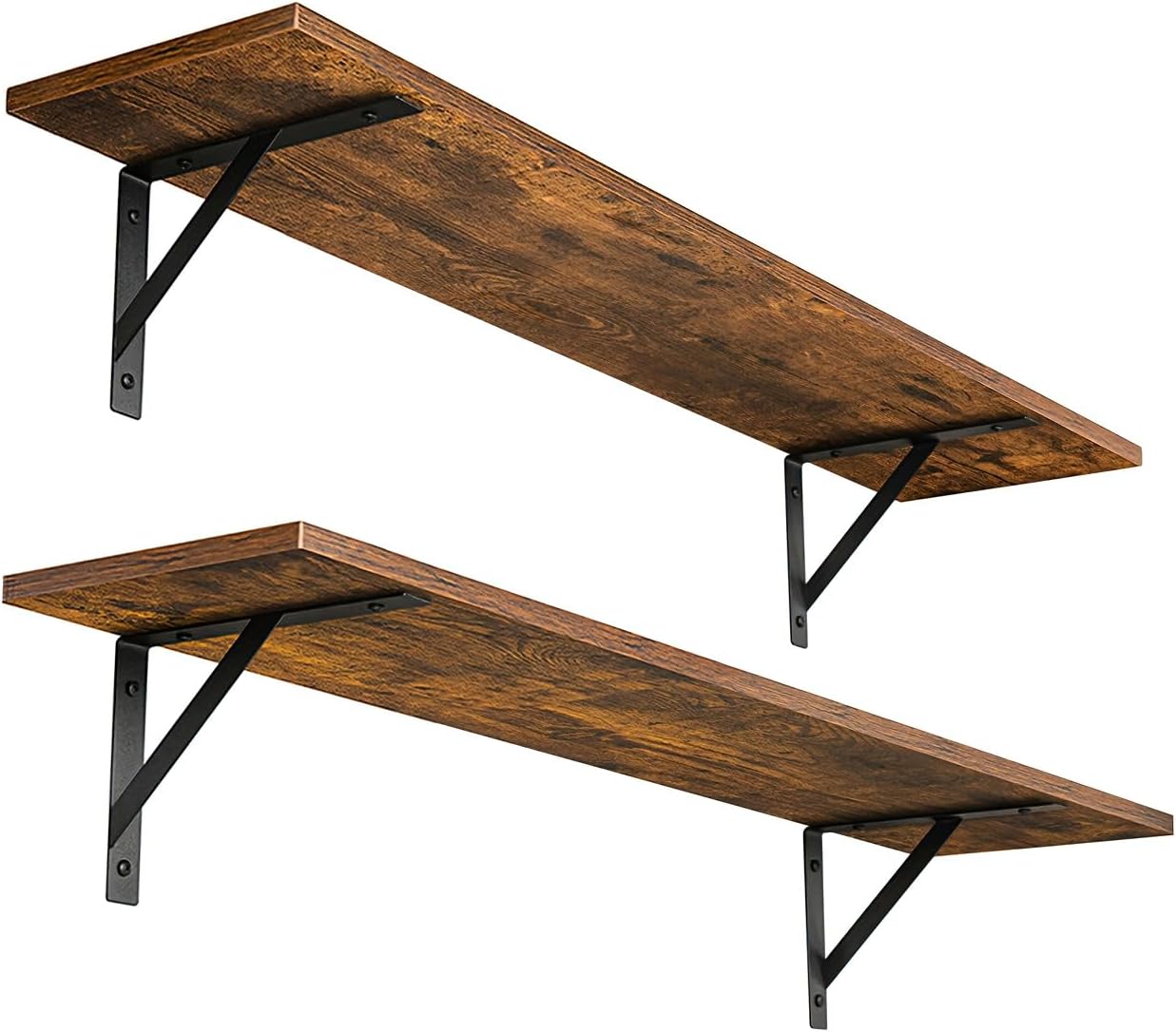31.5-Inch Long Floating Wall Shelves Set of 2 with Metal Supports, Rustic Wooden Storage Shelves for Bathroom & Bedroom