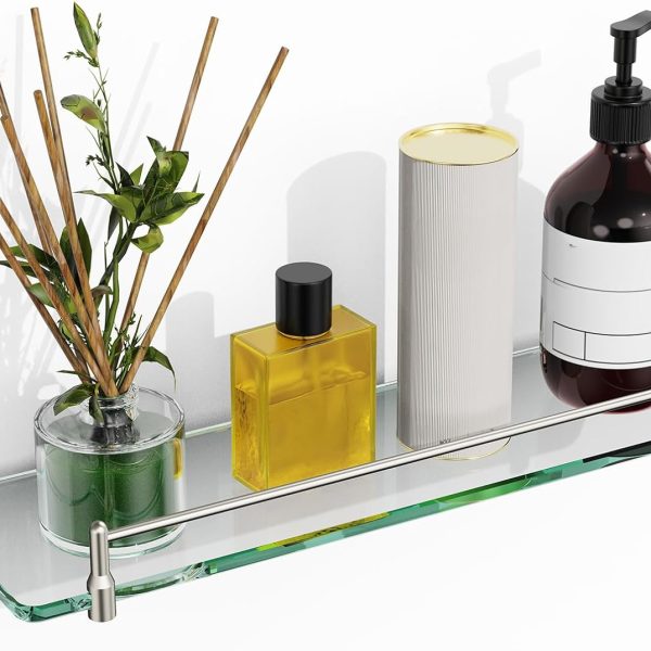16-Inch Brushed Nickel Glass Bathroom Shelf, Tempered Floating Wall Shelf with Stainless Steel Hardware
