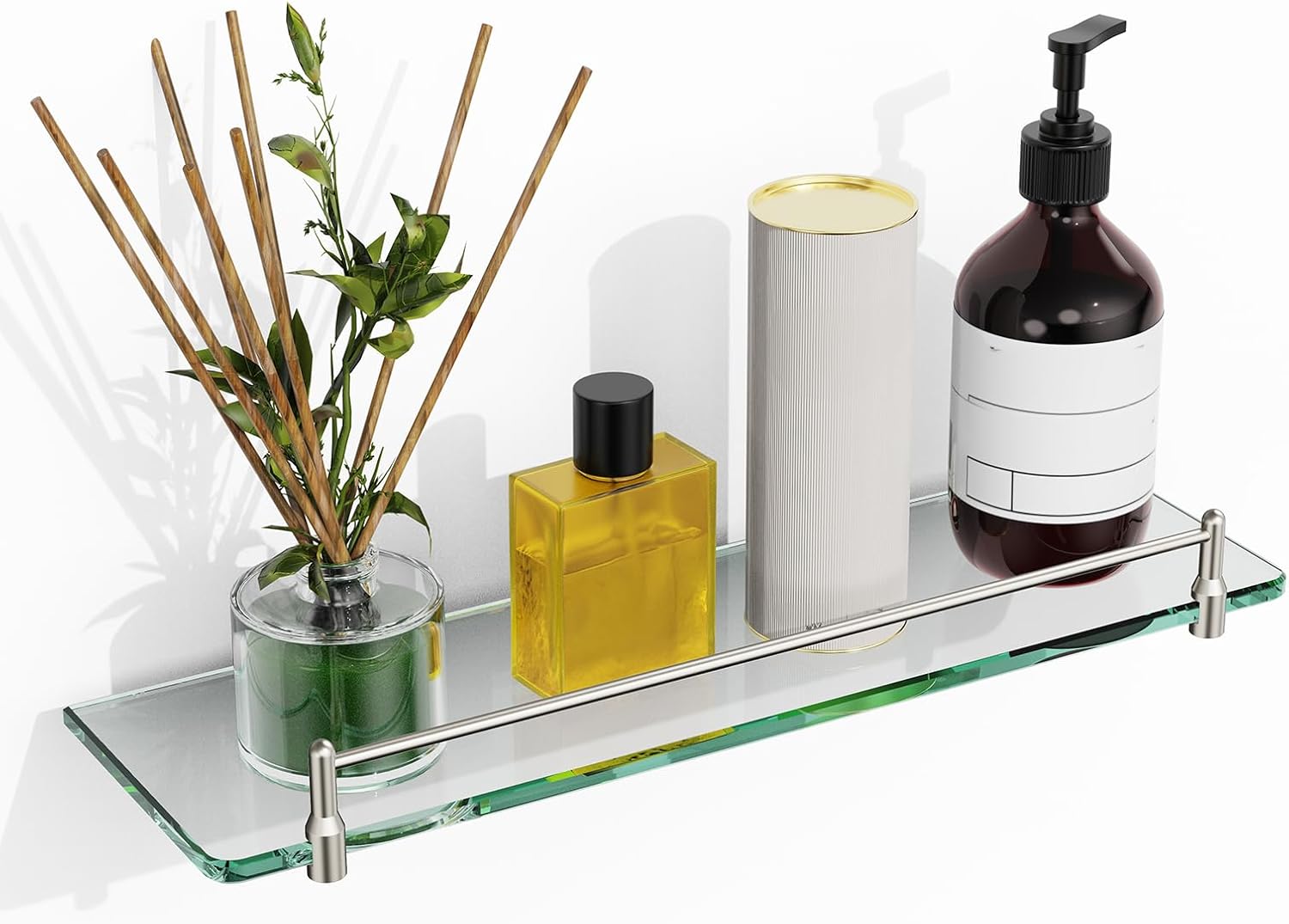 16-Inch Brushed Nickel Glass Bathroom Shelf, Tempered Floating Wall Shelf with Stainless Steel Hardware