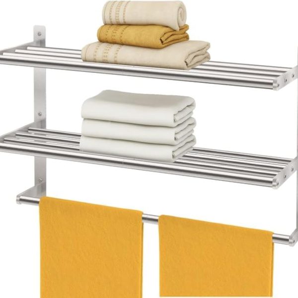 24-Inch Stainless Steel Bathroom Towel Rack with 3-Tier Shelf, Wall Mounted Hotel Style Towel Storage, Brushed Nickel