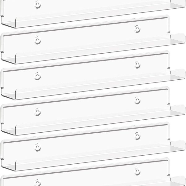 12-Inch Clear Acrylic Floating Display Shelves, Set of 6 Wall Ledges for Vinyl Records, Books, Makeup, Photos & Collectibles