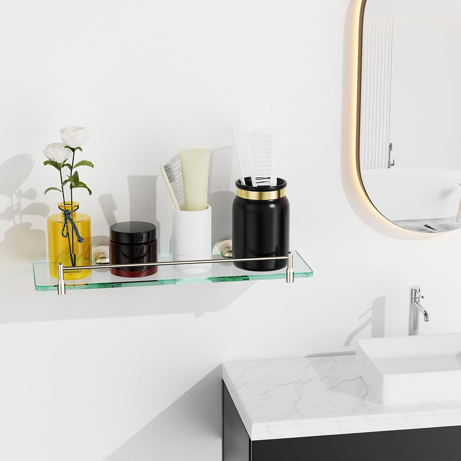 16-Inch Brushed Nickel Glass Bathroom Shelf, Tempered Floating Wall Shelf with Stainless Steel Hardware - Image 2
