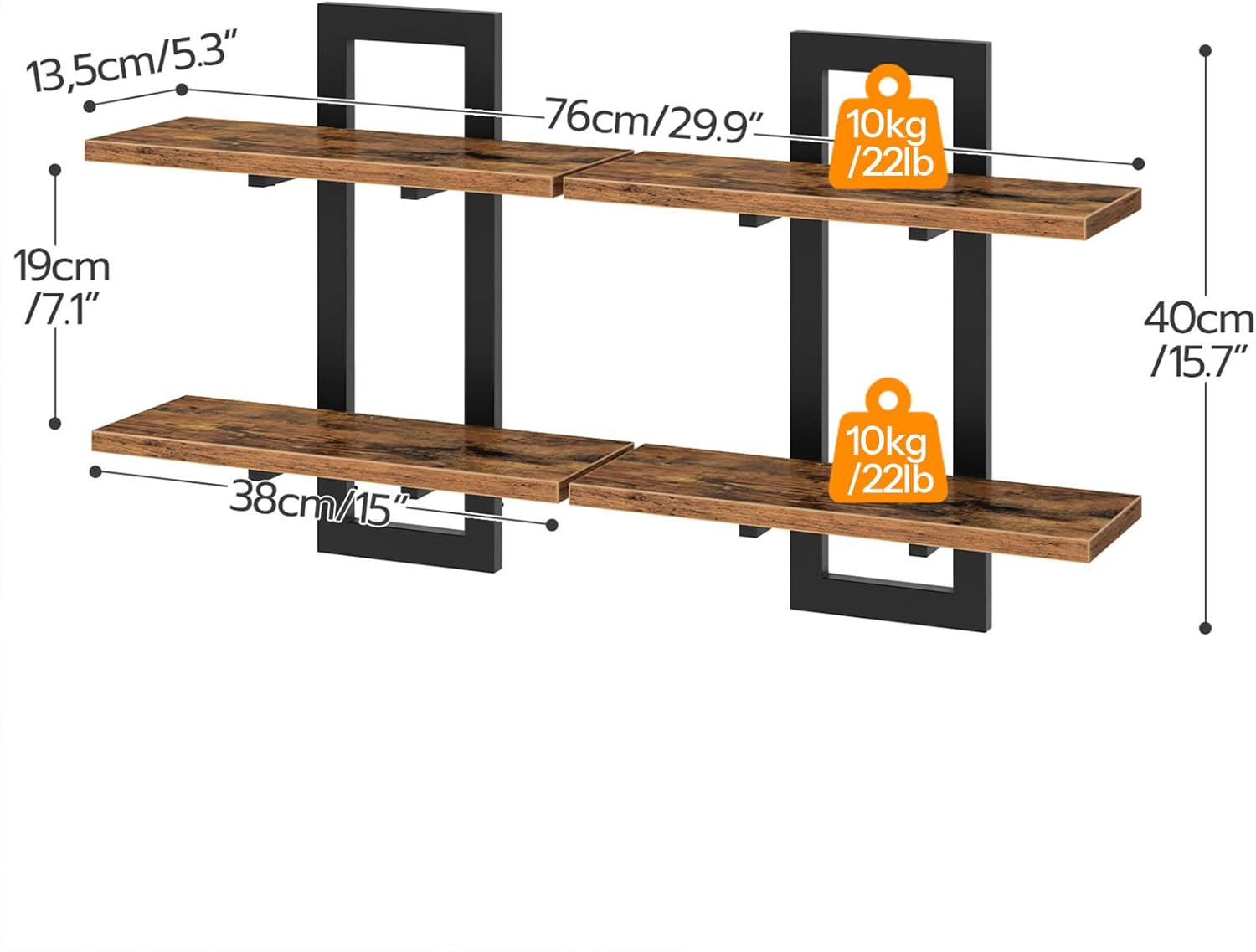 15-Inch Two-Tier Floating Wall Shelf Set of 2, Rustic Brown & Black Wall Mounted Storage Shelves for Living Room, Bathroom & Kitchen - Image 2