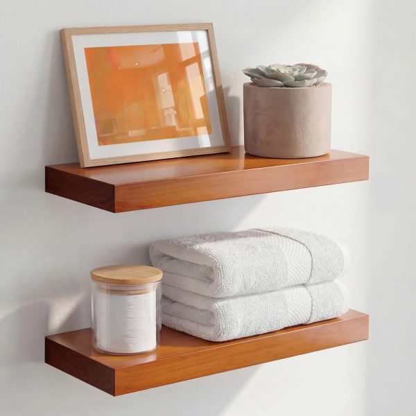 16-Inch Solid Oak Floating Wall Shelves, Set of 2 Heavy-Duty Wooden Storage Shelves with Hidden Brackets, Honey Oak Finish