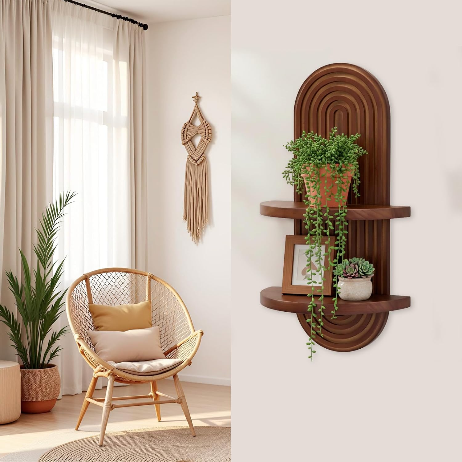 Mid-Century Arched Floating Wall Shelf, Walnut Decorative Display Shelf for Plants, Bedroom, Living Room & Farmhouse Décor - Image 2