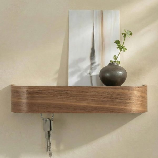 Minimalist Walnut Wall Key Holder with Wooden Shelf, Modern Entryway Organizer and Key Rack