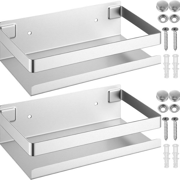 2-Pack 8-Inch Stainless Steel Floating Bathroom Shelves, Wall Mounted Shower Storage Baskets for Bathroom & Kitchen