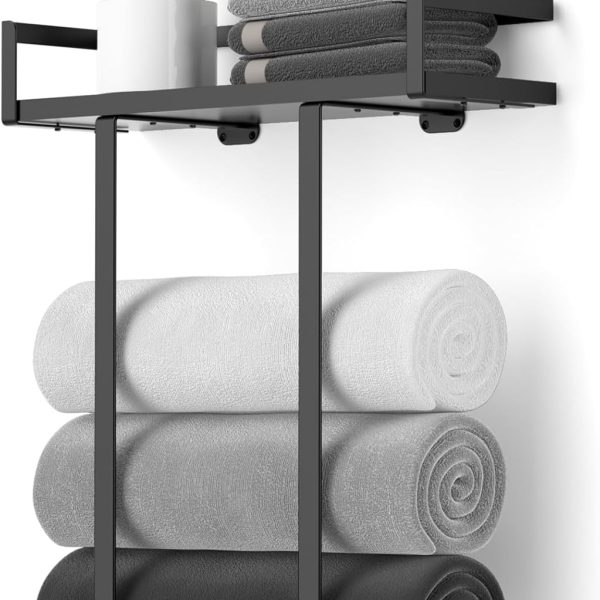Wall Mounted Metal Towel Rack with Wooden Shelf, Large Bathroom Towel Organizer for Small Spaces and RVs