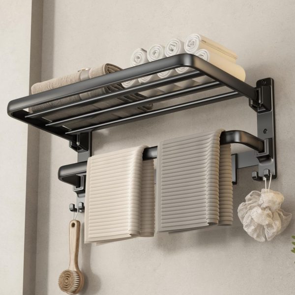 24-Inch Foldable Bathroom Towel Shelf with Towel Bar and 7 Hooks, Wall Mounted Storage Rack, Matte Black