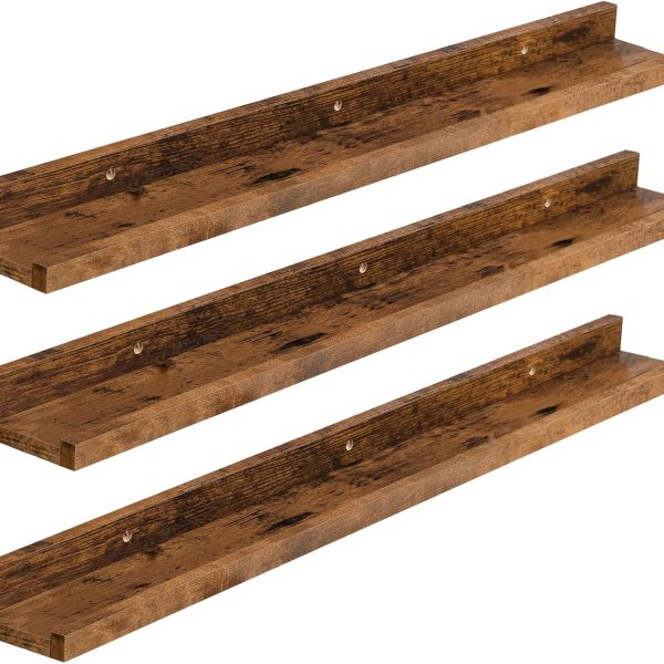 35.4-Inch Rustic Brown Floating Wall Shelves Set of 3 with Hidden Brackets and Raised Edge for Home Storage
