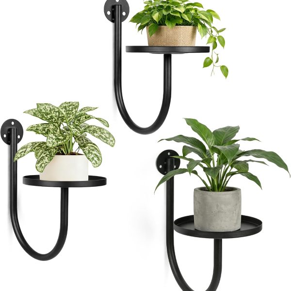 Black Metal Wall Mounted Plant Holders, Set of 3 Modern Floating Shelves for Indoor Plants, Kitchen, Bedroom & Living Room