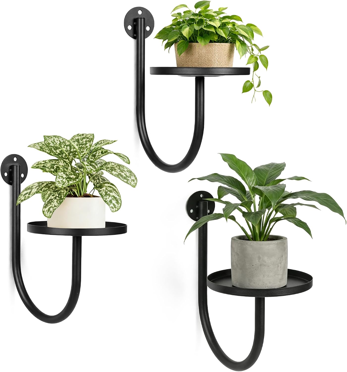 Black Metal Wall Mounted Plant Holders, Set of 3 Modern Floating Shelves for Indoor Plants, Kitchen, Bedroom & Living Room