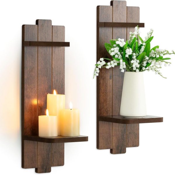 Distressed Brown Wooden Wall Candle Sconces Set of 2 with Display Shelf, Decorative Holders for Candles & Small Plants