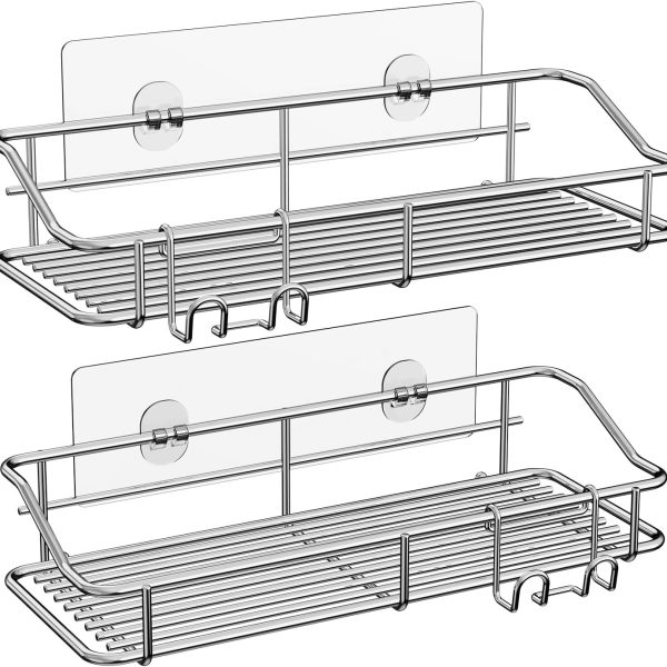 2-Pack Stainless Steel Adhesive Shower Caddies, Rustproof Wall Mounted Bathroom Shelves with Hooks and Razor Holder