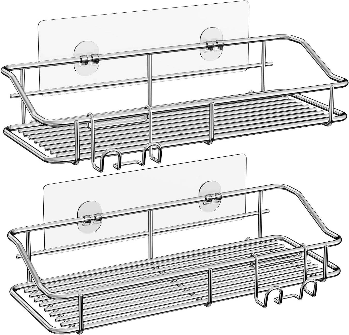 2-Pack Stainless Steel Adhesive Shower Caddies, Rustproof Wall Mounted Bathroom Shelves with Hooks and Razor Holder