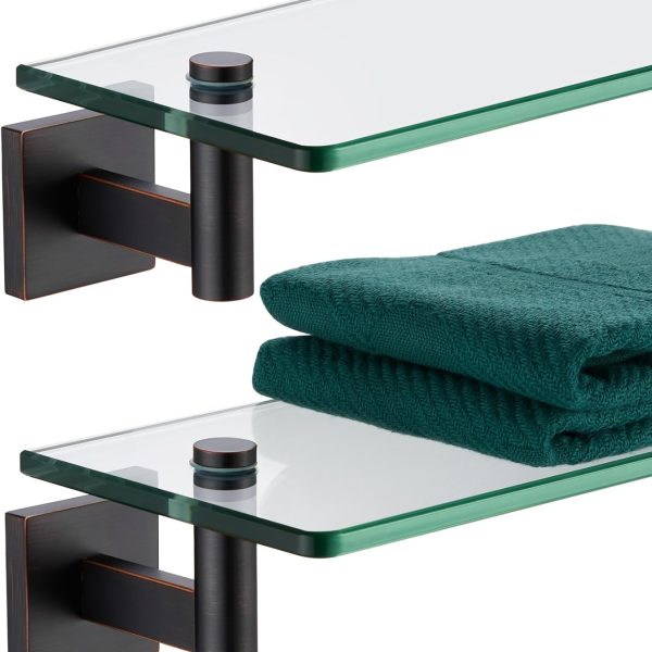 20-Inch Tempered Glass Floating Bathroom Shelves, Oil Rubbed Bronze Wall Mounted Storage Rack, Set of 2