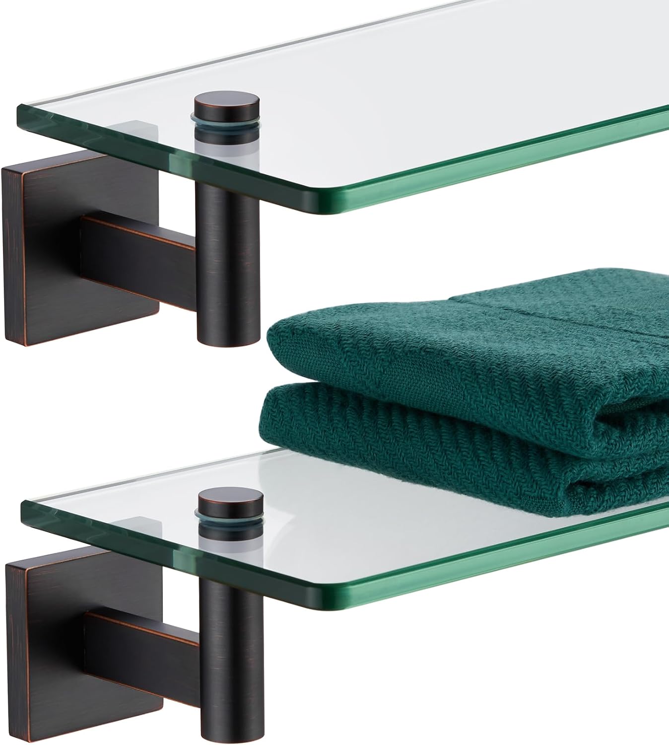 20-Inch Tempered Glass Floating Bathroom Shelves, Oil Rubbed Bronze Wall Mounted Storage Rack, Set of 2