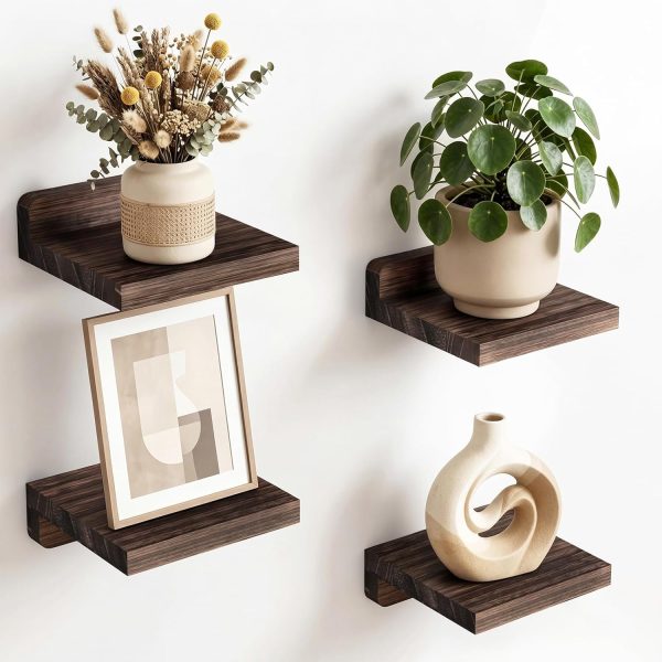 5×5-Inch Rustic Wood Floating Shelves Set of 4, Small Decorative Wall Shelves for Kitchen, Bedroom, Bathroom & Living Room