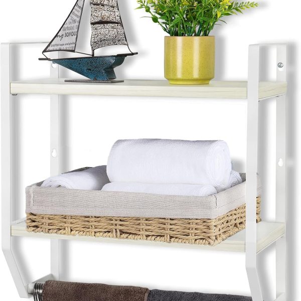 Rustic White Bathroom Wall Shelf with Towel Bar and 5 Hooks, 2-Tier Storage Rack for Bathroom, Kitchen & Bedroom