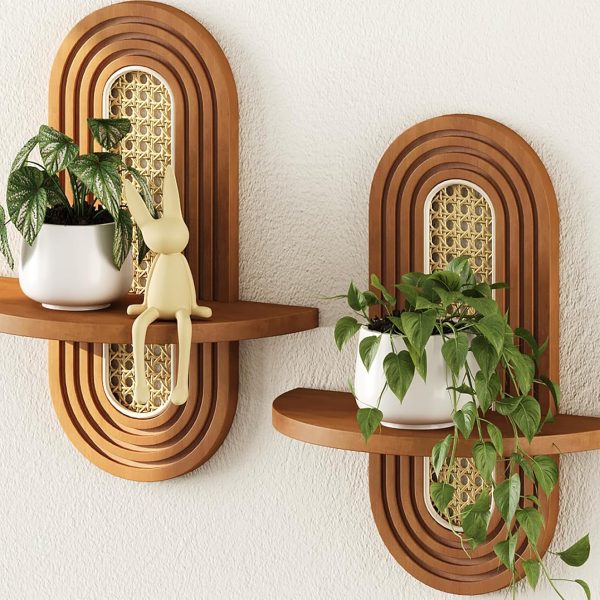 Boho Rattan Floating Wall Shelves Set of 2, Natural Wood Plant Display Shelves for Living Room, Bedroom & Office