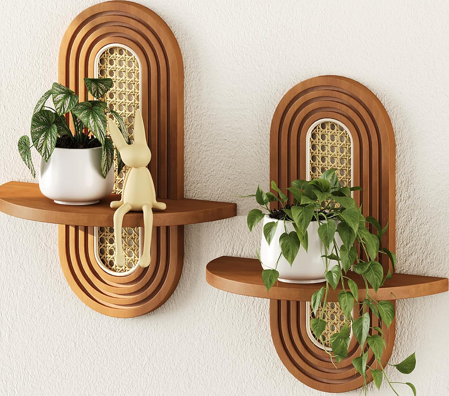 Boho Rattan Floating Wall Shelves Set of 2, Natural Wood Plant Display Shelves for Living Room, Bedroom & Office