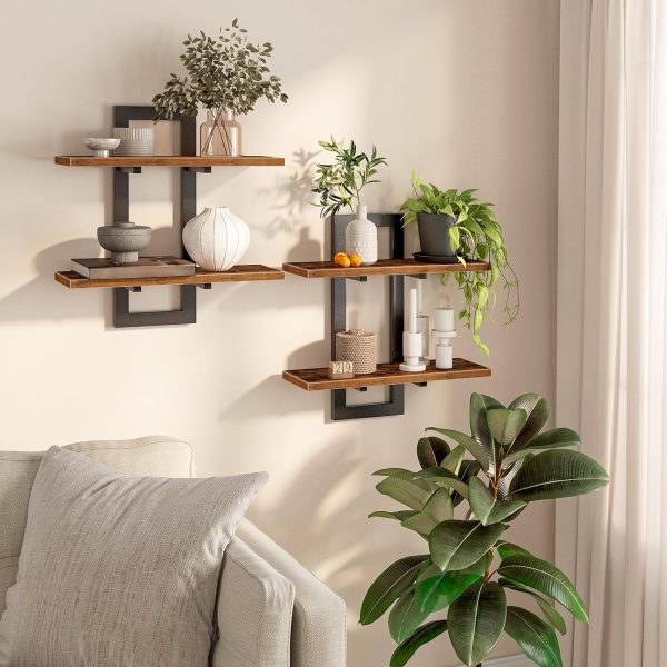 15-Inch Two-Tier Floating Wall Shelf Set of 2, Rustic Brown & Black Wall Mounted Storage Shelves for Living Room, Bathroom & Kitchen