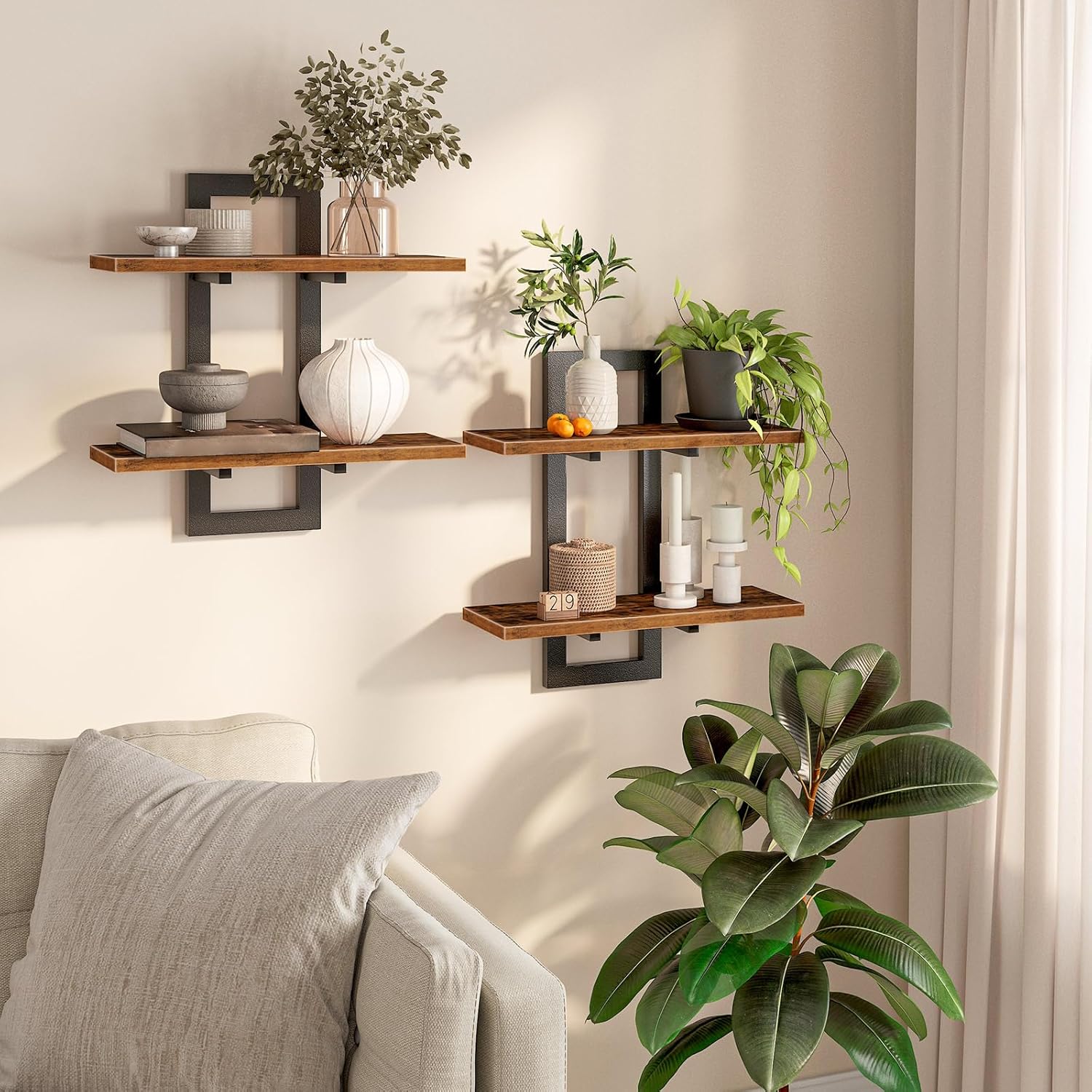 15-Inch Two-Tier Floating Wall Shelf Set of 2, Rustic Brown & Black Wall Mounted Storage Shelves for Living Room, Bathroom & Kitchen