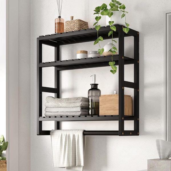 3-Tier Over-the-Toilet Bathroom Storage Shelf, Black Bamboo Wall Mounted Organizer with Towel Bar and Space-Saving Design