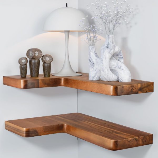 17×12-Inch Acacia Wood Corner Floating Shelves, Set of 2 Wall Mounted Corner Storage Shelves with Hidden Brackets