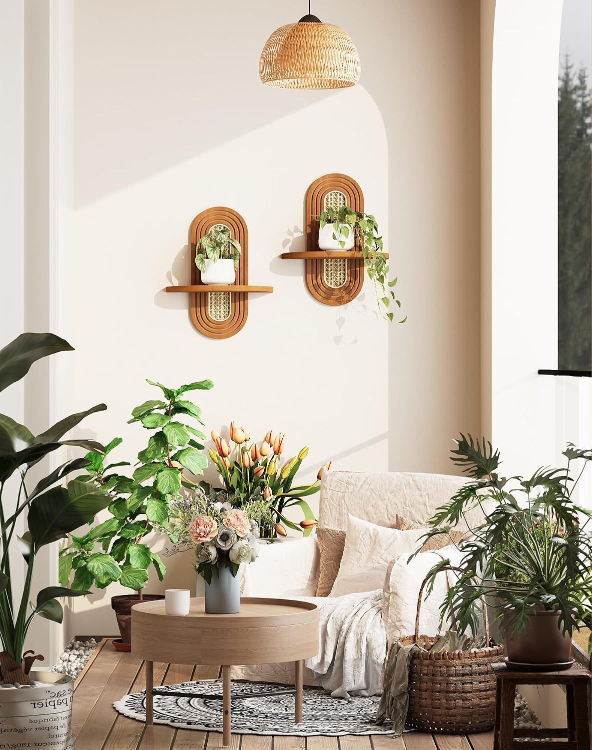 Boho Rattan Floating Wall Shelves Set of 2, Natural Wood Plant Display Shelves for Living Room, Bedroom & Office - Image 2