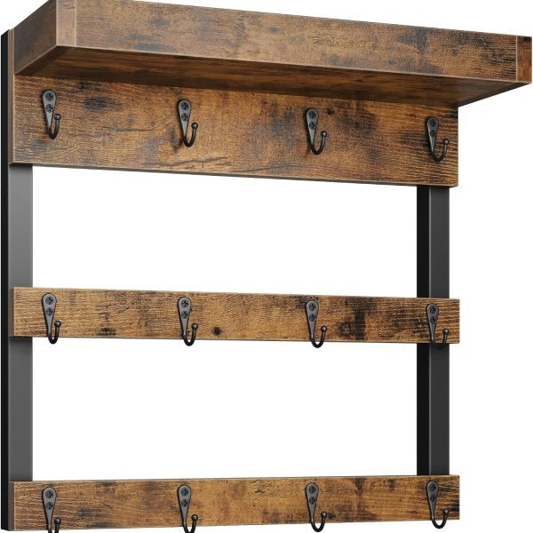 Rustic Wooden Coffee Mug Rack with Shelf, Wall Mounted Cup Holder Featuring 12 Hooks for Kitchen Organization