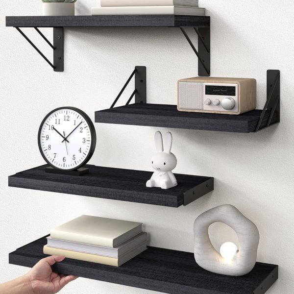 Wall Mounted Wood Floating Shelves Set of 4, Black Bathroom Display Shelves for Home Storage and Organization